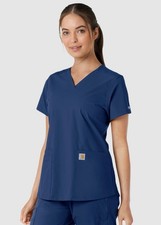 Carhartt V Neck Knit Panel Scrub Top W/ 2 Large Front Pockets Navy SZ XL