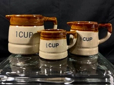 Vtg Set 3 Brown Tan Stoneware Crock Pitcher Measuring Cups 1/4, 1/2,  and 1 Cup
