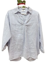 Uniqlo Blue White Striped 100% Linen Collared Tunic Blouse Women's XL