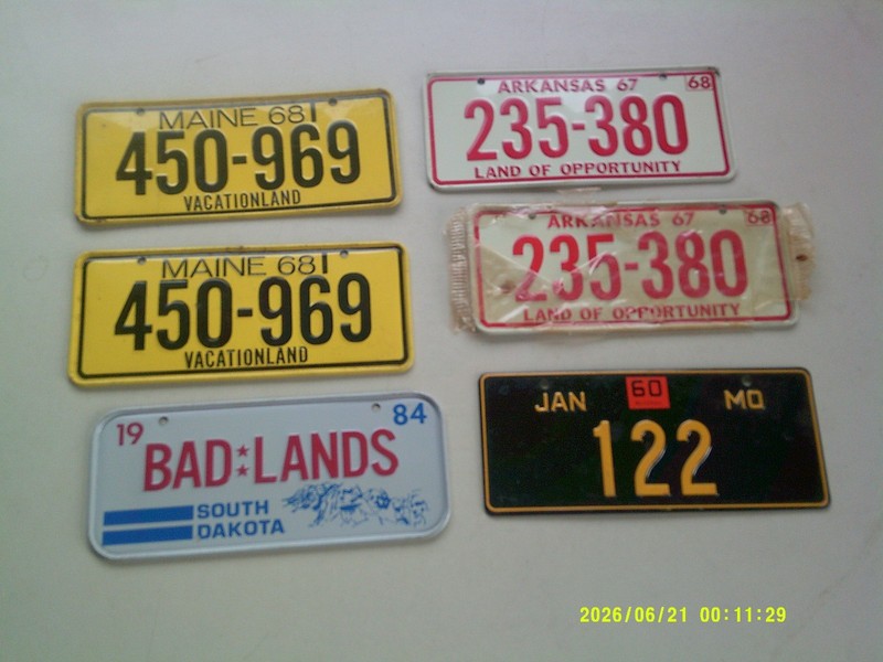 6 Vintage Bicycle License Plates 1960 MO '67 Arkansas '68 Maine '84 South Dakota