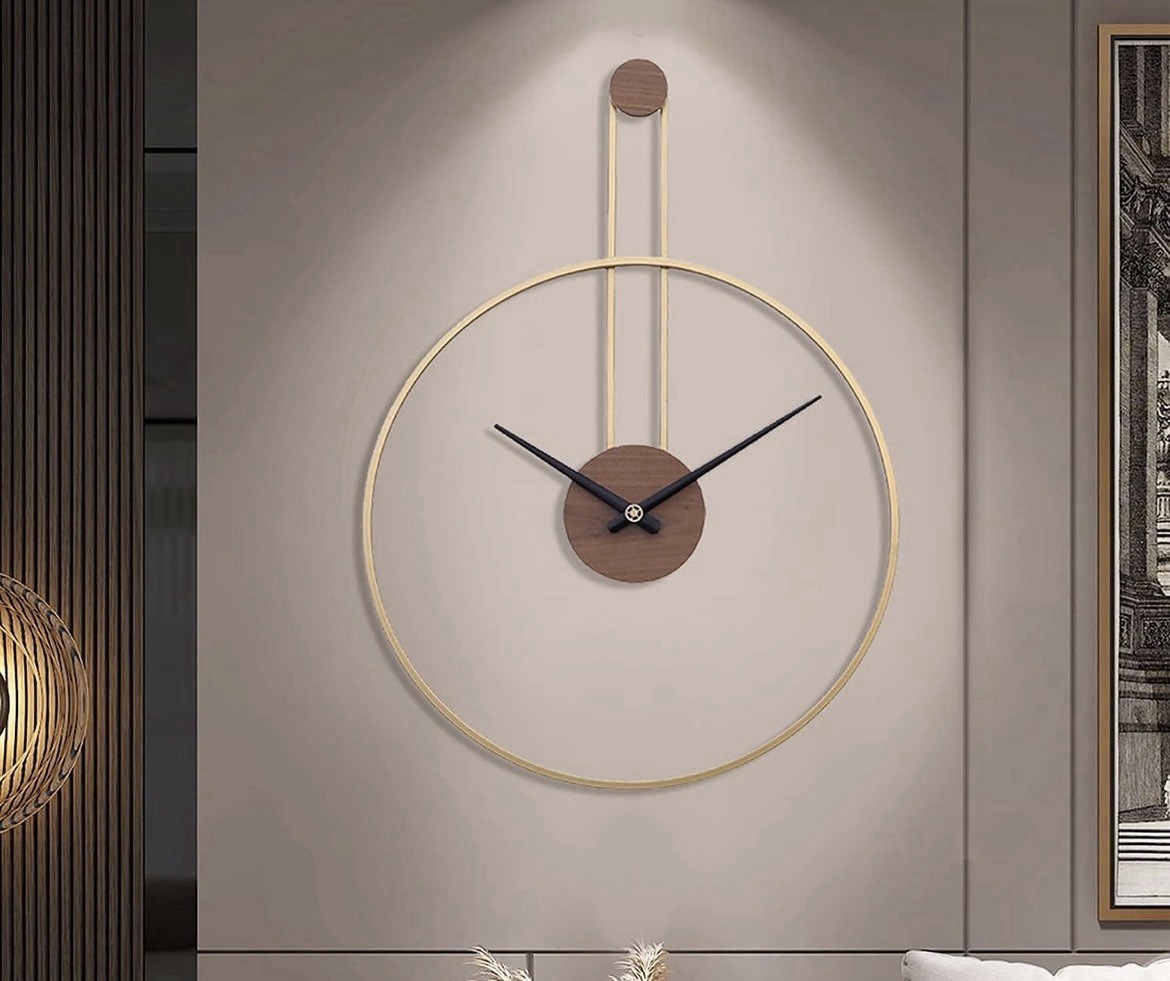 Large Decorative Wall Clock 25 x 18 Crafted of Metal & Walnut Lightweight Modern