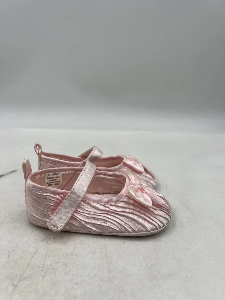 Bebé Mary Jane Zapatos Infantes Niñas 9-12 Meses Rosa Satinado Arco Cuna Suela Suave Foto 4 de 4