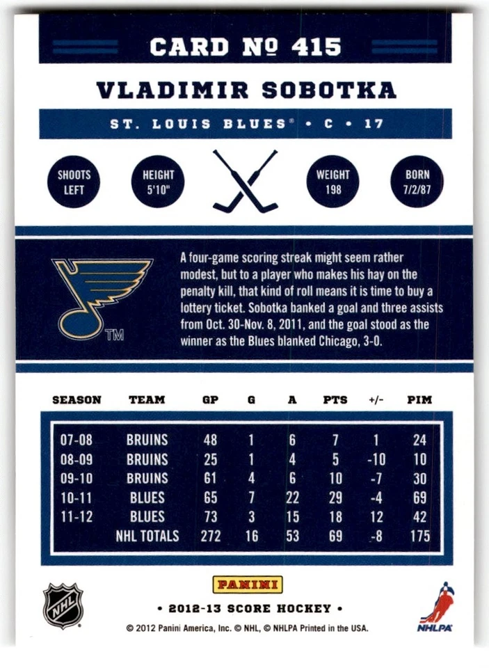 Vladimir Sobotka 2012-13 Score Gold Rush #415 St. Louis Blues - Image 2 of 2