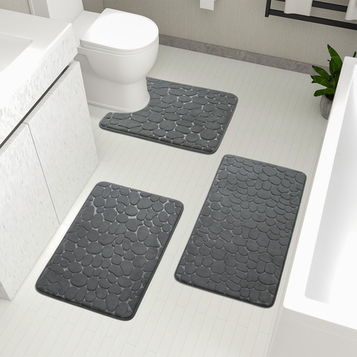 Bathroom Rugs Sets 3 Piece, Cobblestone Memory Foam Bathroom Mats Set Extra Thic