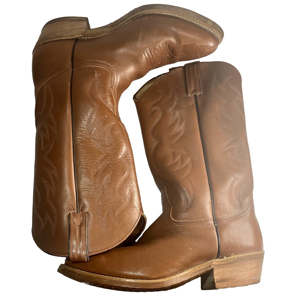 Vintage Sheplers Light Brown All Leather Western Cowboy Boots Mens Size