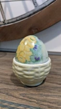 Vtg Porcelain Hand-painted Signed Egg-shaped Trinket Dish W/ Daffodils