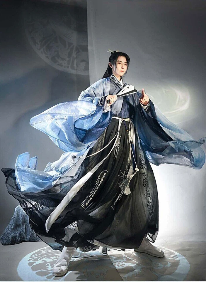 Chaqueta de disfraces de Halloween Hanfu china antigua Hanfu azul degradada para hombres y mujeres Foto 3 de 4