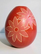 PARTICOLARE VASO DECORATIVO A UOVO CERAMICA SMALTATA ROSSO CON FIORI 
