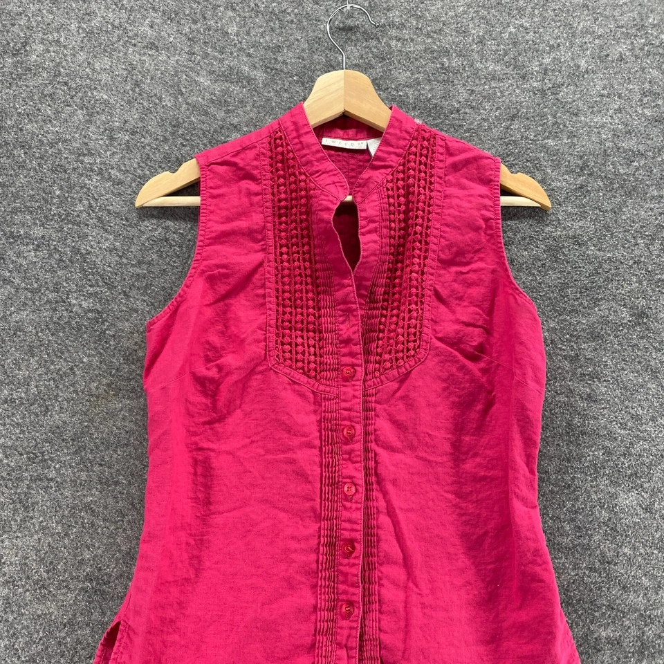 Top Tweeds Mujer S Pequeño Rosa Abotonado Cuello Redondo Sin Mangas Correa Ancha Lino Foto 3 de 4