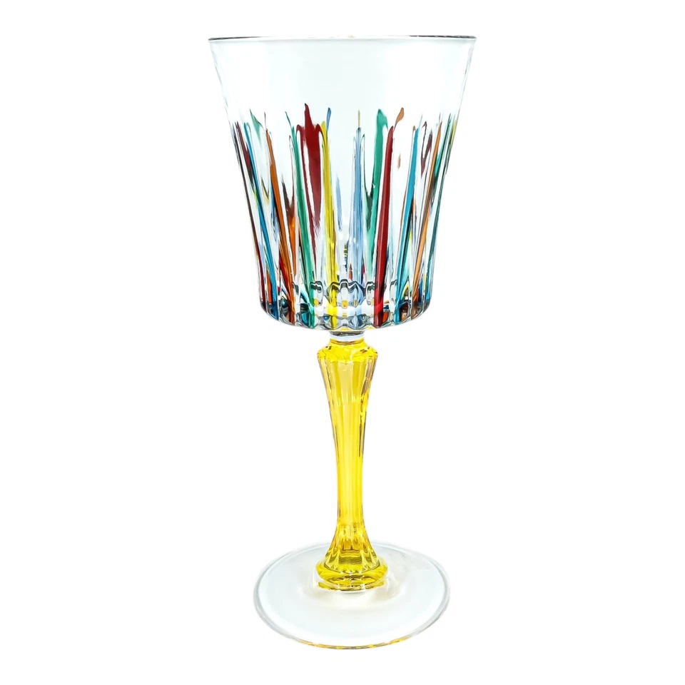 Pair of 2 Murano Wine Glasses Multi Colour Yellow Stem Hand Painted Venice Italy - Image 2 of 4