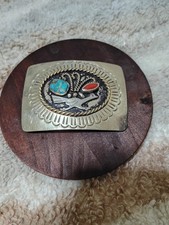 Vintage Alpaca Mexico Oval Turquoise Coral Belt Buckle Roadrunner Western Cowboy
