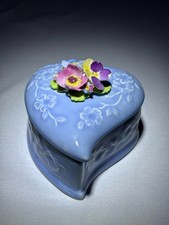 Rare & VTG Sylvac Blue Heart Shaped Lidded Trinket Box w/ Porcelain Flowers 2022