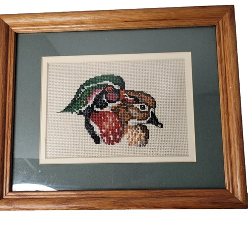 Vintage Cross Stitch Ducks In Solid Wood Frame 11”x 9”