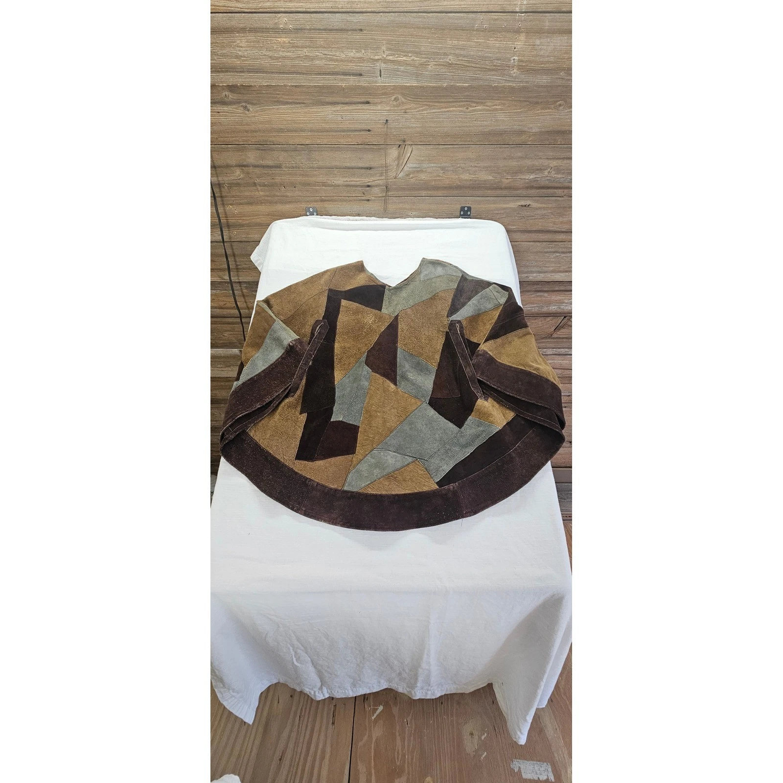 Vintage Patchwork Suede Leather Poncho Cape Boho Geometric Brown Grey 70s Style