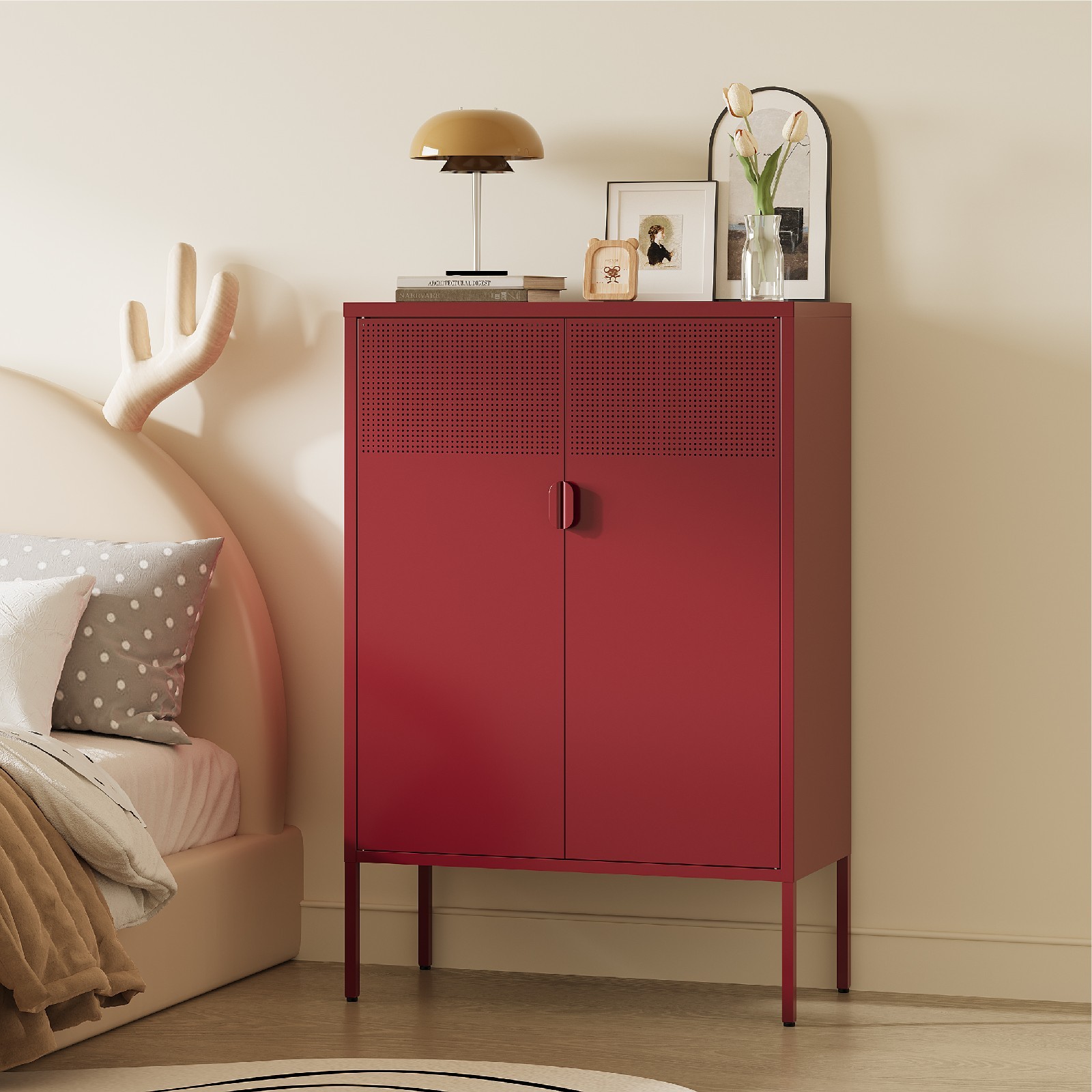 Red Metal Storage Cabinet,2 Door TV Stand, Metal Mesh Accent Cabinet