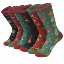 6 Pairs Women Christmas Crew Socks Bright Colorful Fancy Design Size 9-11