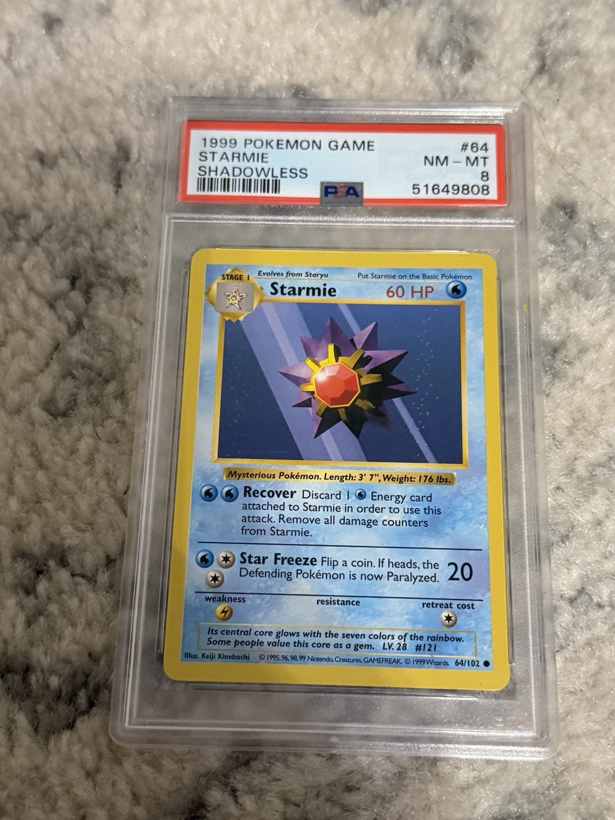 1999 Pokemon Game Base STARMIE SHADOWLESS #64 PSA 8 RARE