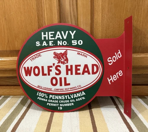 Wolf’s Head Oil Flange Sign Sold Here Doubled Sided Vintage Style Wall Decor
