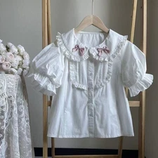 Lolita Sweet Blouses Teens Doll Collar Puff Sleeve Button Shirts Japanese Blouse