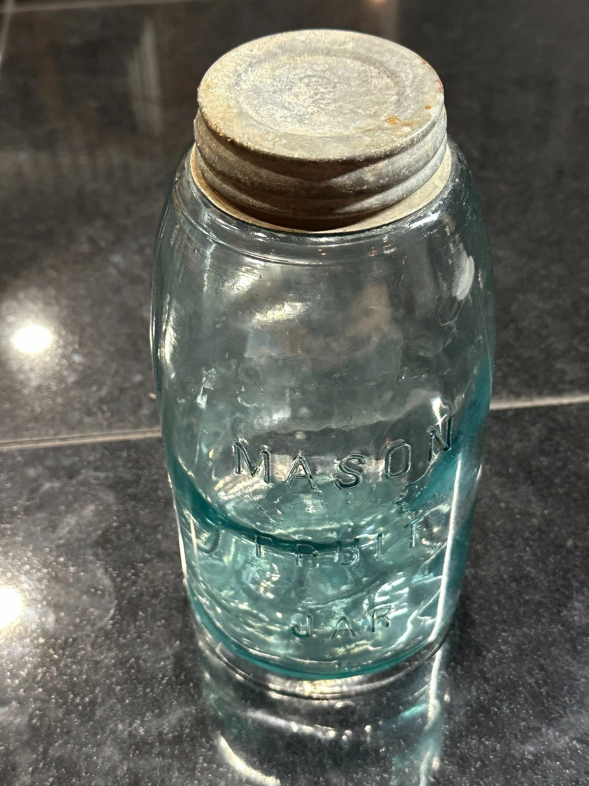 Antique Mason Fruit Jar with Lid Vintage Aqua Glass Original