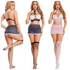 DE Damen Spitzen Minirock Netz Strümpfe Push Up Bh Slips Baby Dolls Lingerie Set