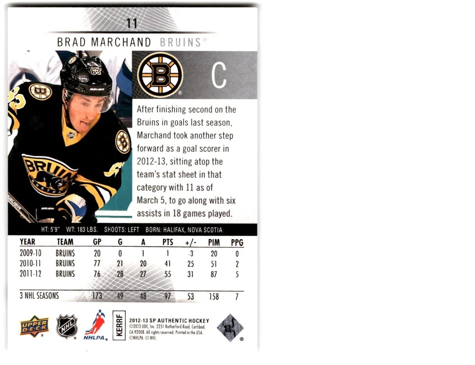 2012-13 SP Authentic Brad Marchand #11 Boston Bruins - Image 2 of 2