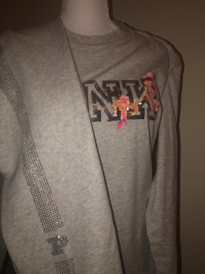 Victoria's Secret Pink Bling Campus LS Tee Shirt + Pants Set Gray  S    
