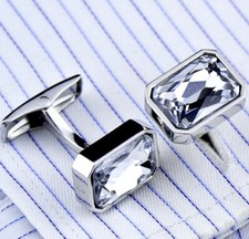 Large Eye Clean Emerald Cut 18.CT Cubic Zirconia 925 High Polish Silver Cufflink