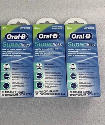 3 Oral B Super Floss Dental Floss Mint 50 Pre Cut Strands