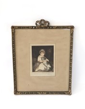 Antique Mezzotint After Joshua Reynolds Girl Dog “Miss Bowles”  Gold Bow Frame
