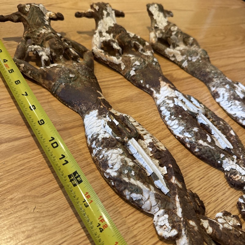 3 Vintage Cast Iron Mermaid Figures w/ Tridents 26” Tall Booth Chicago Co 1920’s