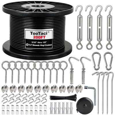 1/8'' Wire Rope Kit, 200FT Black Vinyl Coated Stainless Steel Cable with M5 Turnb