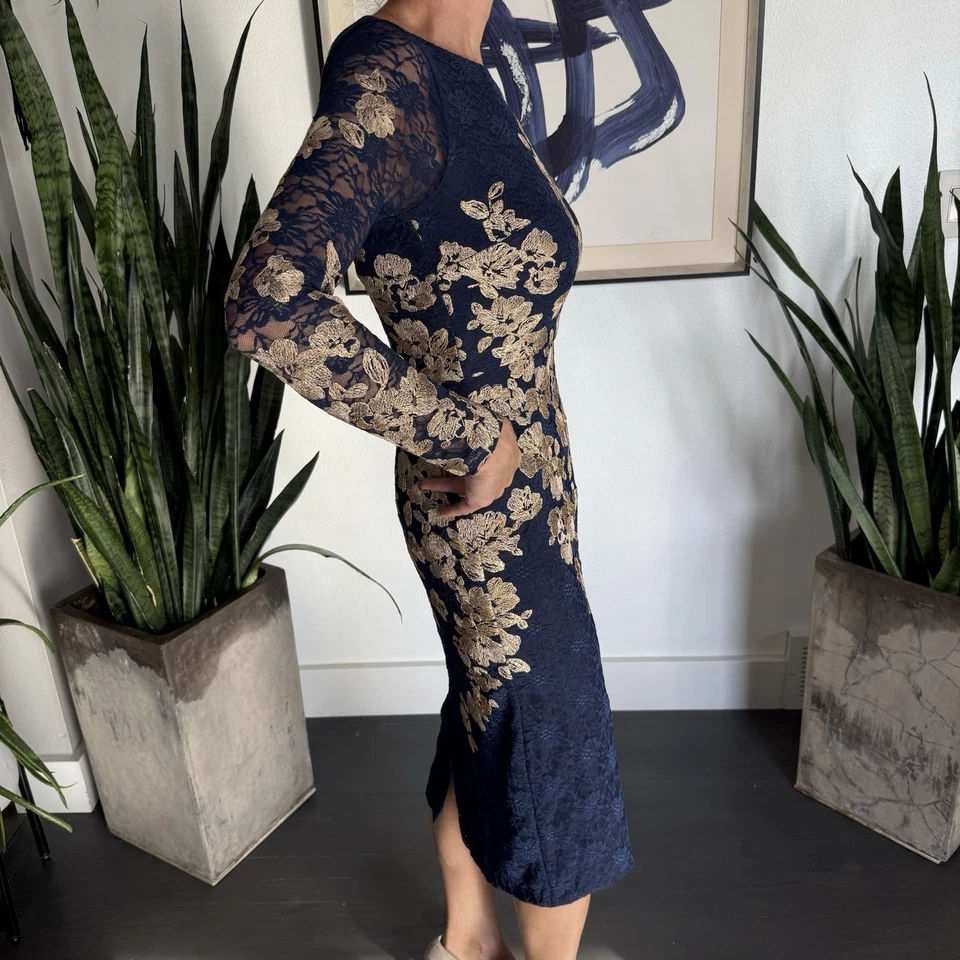 Vestido XSCAPE Azul Marino Dorado Floral Encaje Manga Larga Talla 4, Hecho en EE. UU. Foto 4 de 4