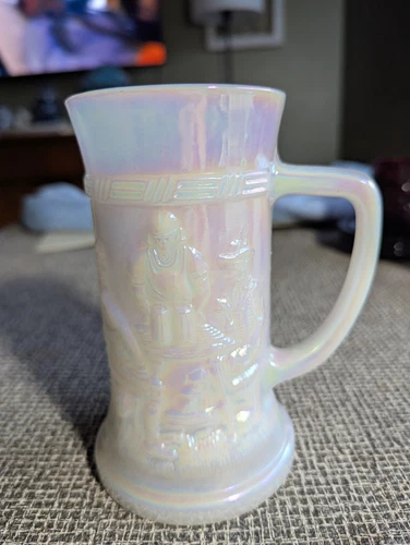 Vintage Federal Iridescent Carnival Glass White Beer Stein Tavern Scene Mug