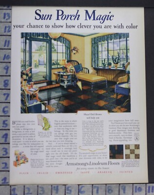 1928 ARMSTRONG LINOLEUM PATIO SUN PORCH HOUSE HOME DECOR VINTAGE ART AD  CS11