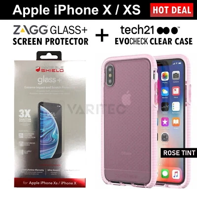 ZAGG IPhone X XS Glass Screen Protector + Tech21 EvoCheck Clear Cover Case ROSE - Image 1 of 4