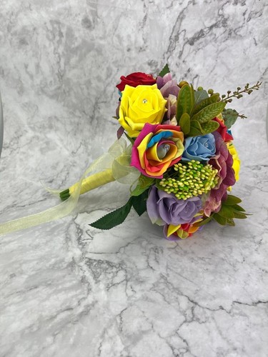 Braut Regenbogen bunt Rose Hochzeitsstrauß Rosen mit Laub & Strass - Bild 6 von 10