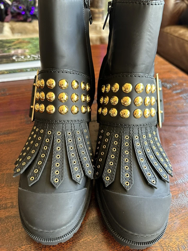 NUEVO EN CAJA BOTAS BURBERRY WHITCHESTER CUERO NEGRO FLECOS ORO TACHONADO CINTURÓN Talla 38 Foto 3 de 4