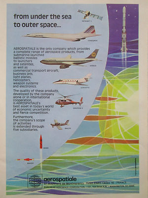 5/1977 PUB AEROSPATIALE INTELSAT ARIANE CONCORDE AIRBUS RALLYE MSBS DAUPHIN AD