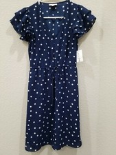 MAISON JULES Navy Blue White Polka Dot V Neck Midi Dress Size XXS NEW