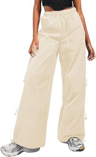 Womens Pants Baggy High Waist Drawstring Wide Leg Y2K Parachute Pants Small