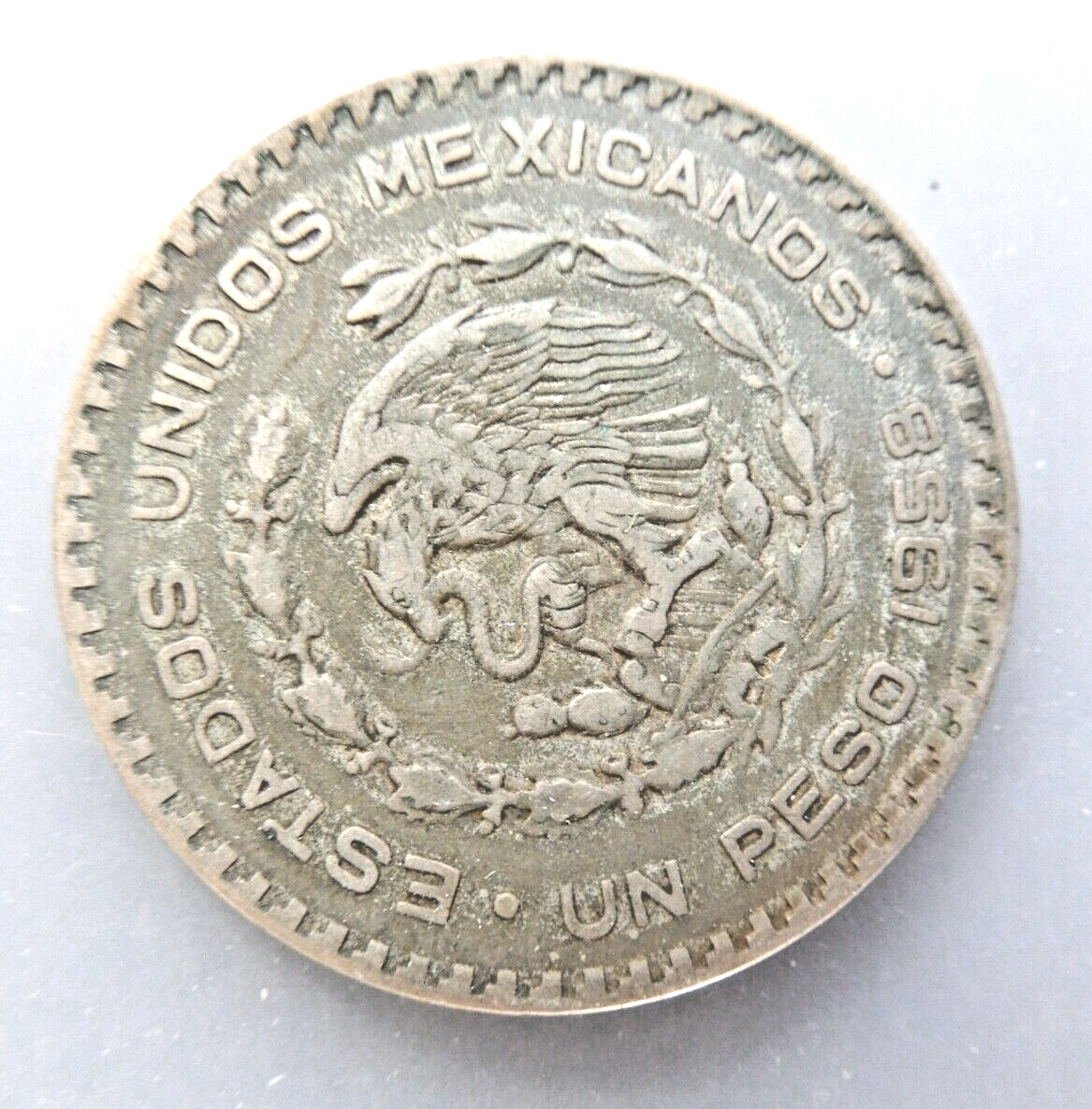 1958 Mexico Un Peso Coin One Pesa, 10% Silver Uncirculated Never