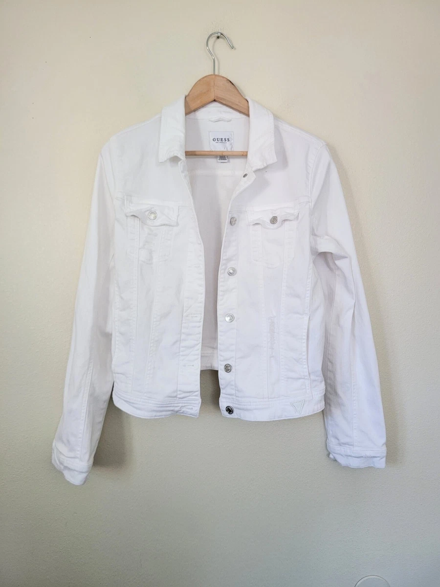 Guess White Denim Distressed Jacket Size Large