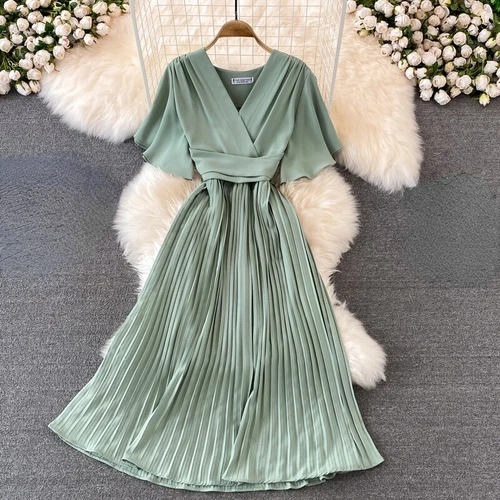 Damen Midikleid A-Linie Swing kurz Schlagärmel V-Ausschnitt Plissee elegant Sommer - Bild 10 von 35