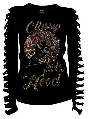 Classy with a touch of Hood Womens Bling Rhinestone Shirt Afro Lady Cut out long