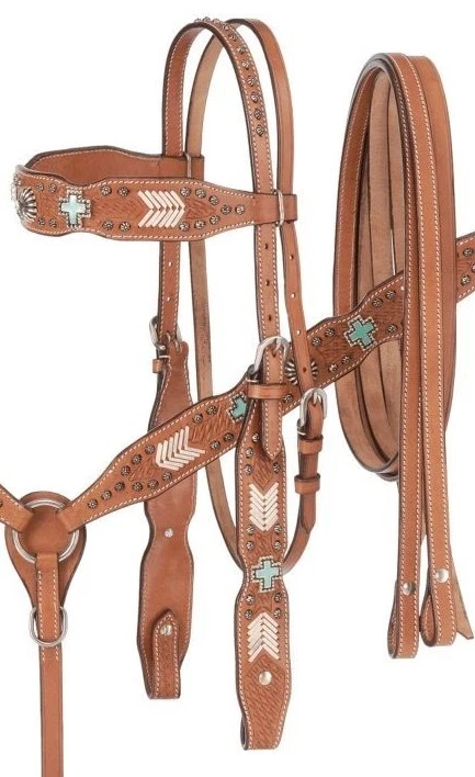 Cabezal ancho de cuero para cejas - Cuello de pecho - Juego de riendas - Cruz turquesa Foto 2 de 2