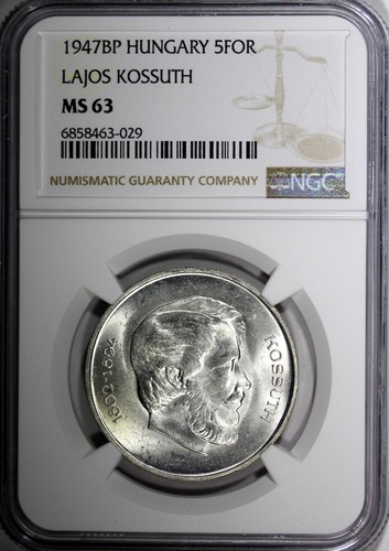 HUNGARY Lajos Kossuth Silver 1947 BP 5 Forint 1 Year NGC MS63 KM# 534a (29) - Picture 2 of 5