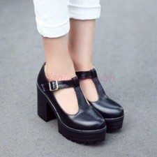 Women's Chunky Retro Mary Jane Platform Heel Comfort T-Strap Pumps Leather Shoes