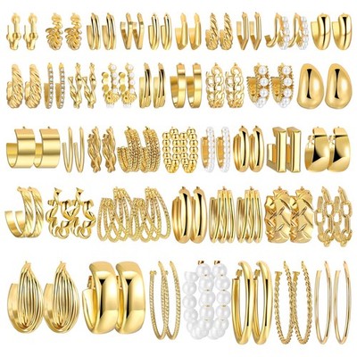 Faxhion 42 Pairs Gold Hoop Earrings Set For Women Fashion Chunky Pearl Earrings