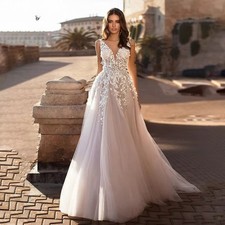 Pink V Neck 3D Floral Lace Applique Wedding Dress Tulle A Line Beach Bridal Gown
